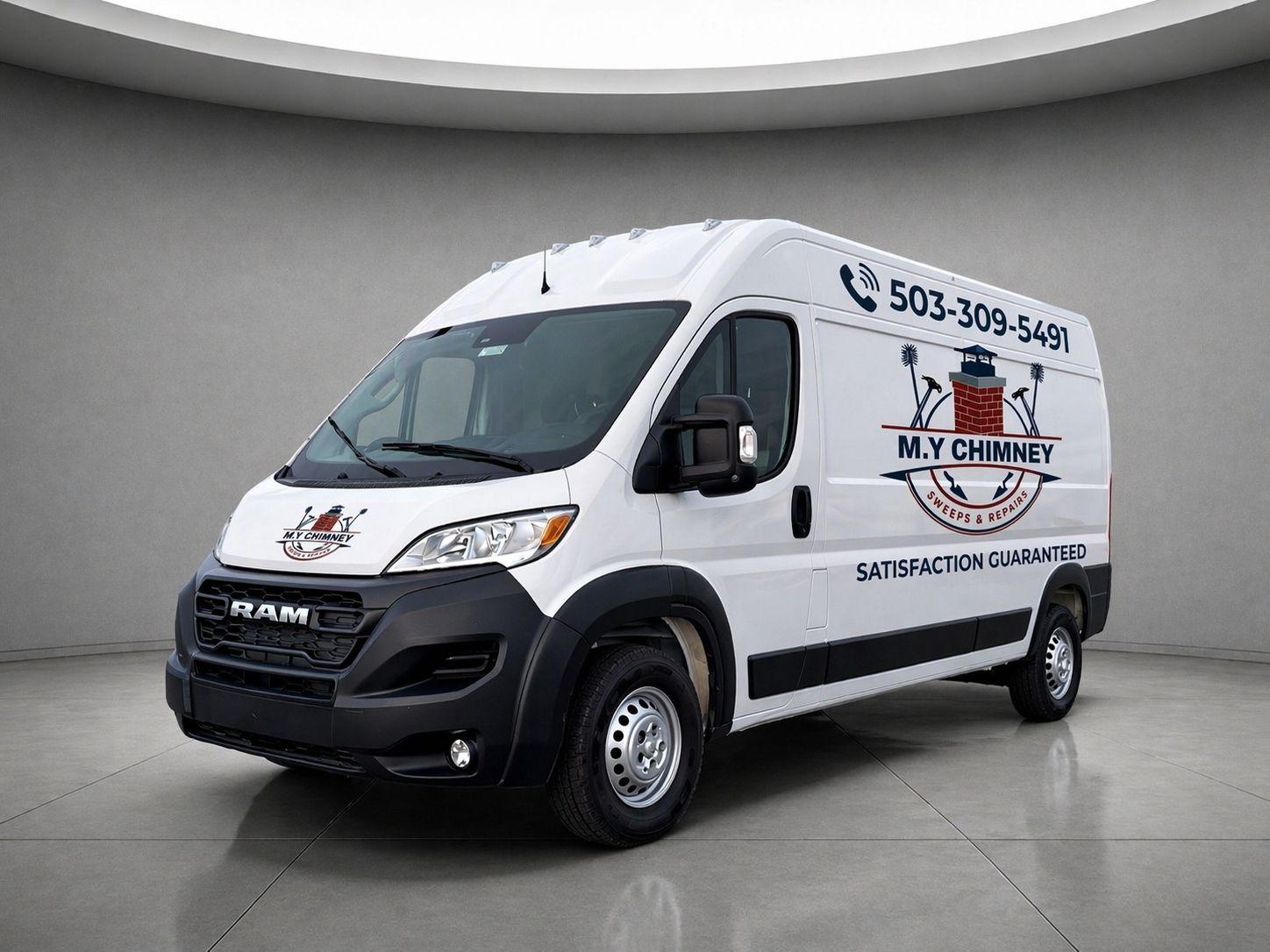 M.Y Chimney Sweeps & Repairs branded service van in Portland, Oregon